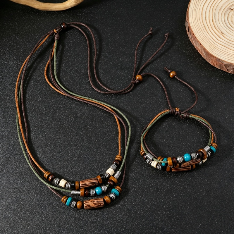 Ethnic Wear Men'S Fashion - Vintage 2-laags kunstleer waxkoord sieradenset houten